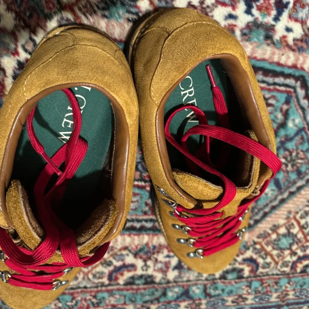 J. Crew Tan Suede Hiking Boots with Red Laces